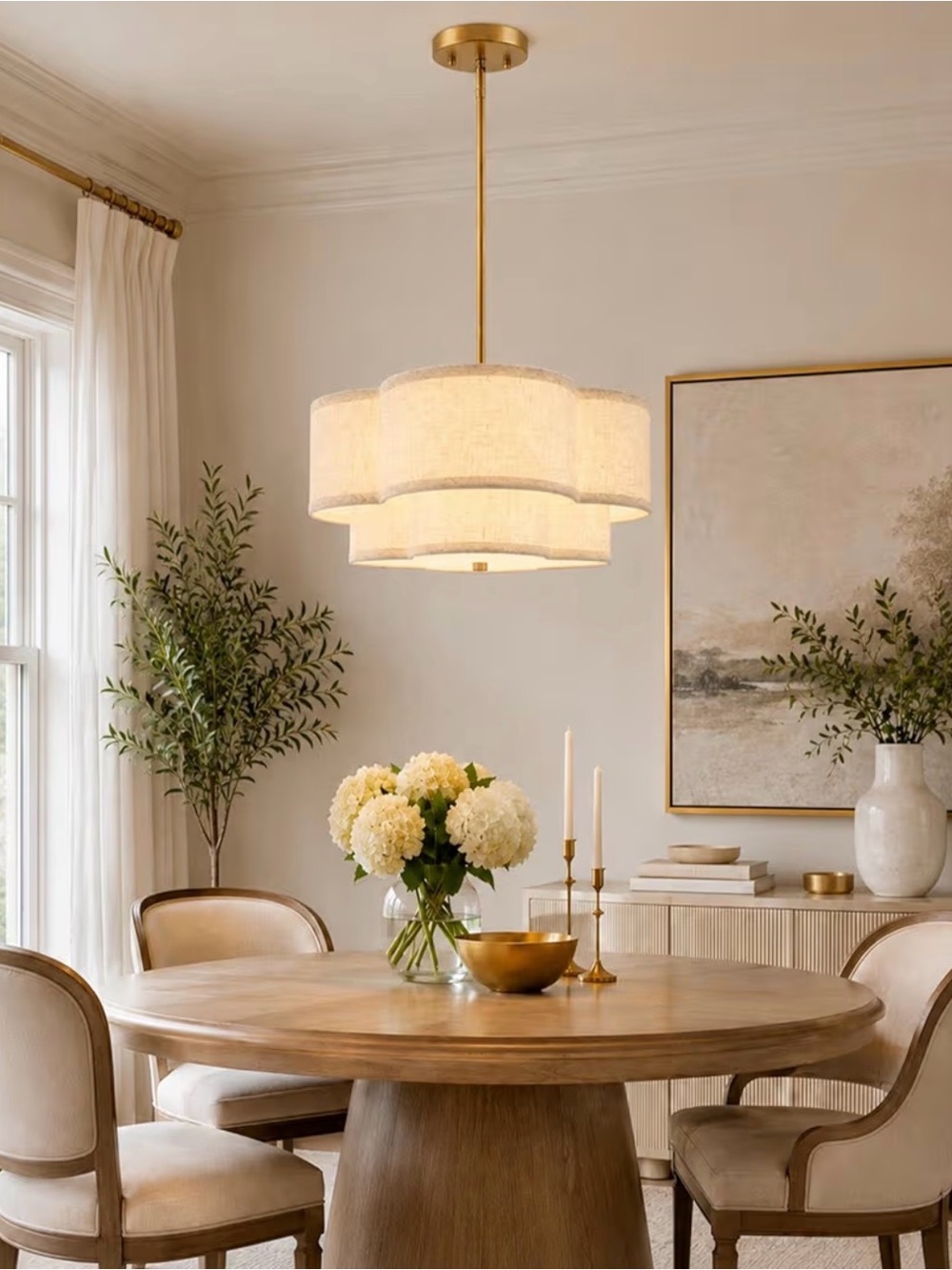 Gold Drum Chandelier 18” Linen Shade Pendant Light 3-Light Farmhouse